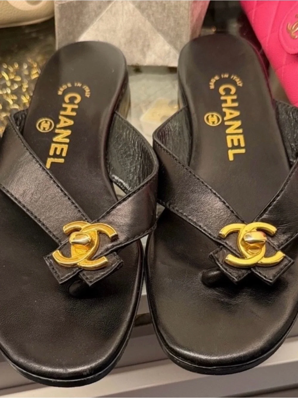 CHANEL Black Leather Gold CC Logo Thong Sandals